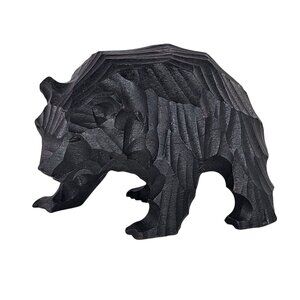 Vintage Wood Carved Bear Sculpture Japanese Black Bear Geometric Design